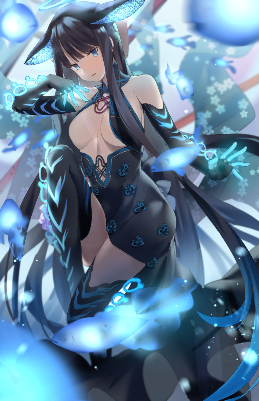 1girl bangs bare_shoulders black_dress black_gloves black_headwear black_legwear blue_eyes blunt_bangs breasts center_opening cleavage dress elbow_gloves fate/grand_order fate_(series) floral_print flute gloves grape_(pixiv27523889) highres instrument large_breasts long_hair looking_at_viewer open_mouth purple_hair sash sidelocks smile solo thighhighs thighs yang_guifei_(fate/grand_order)