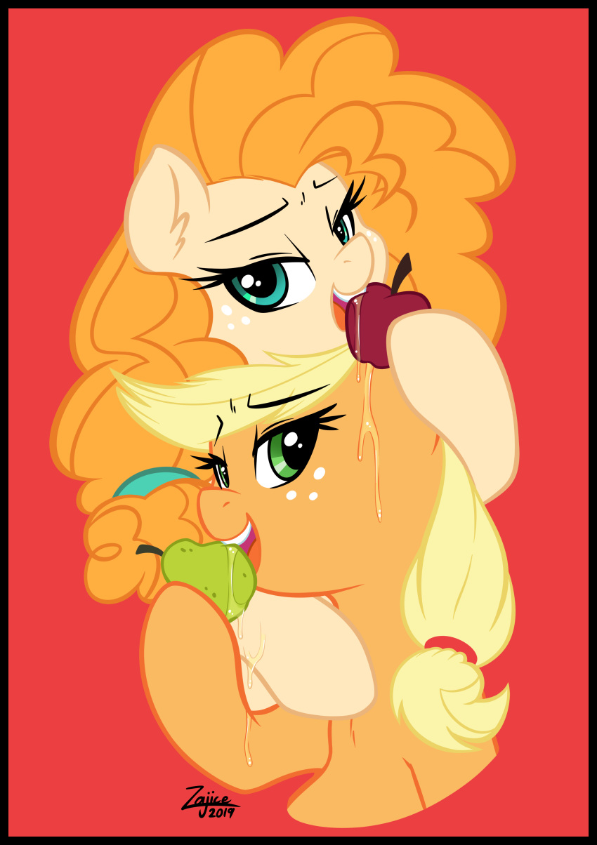 absurd_res apple applejack_(mlp) black_border border daughter digital_media_(artwork) duo earth_pony equid equine eyelashes female food friendship_is_magic fruit green_eyes hi_res horse looking_at_viewer mammal mother mother_and_child mother_and_daughter my_little_pony open_mouth parent parent_and_child pear pear_butter_(mlp) plant pony simple_background zajice