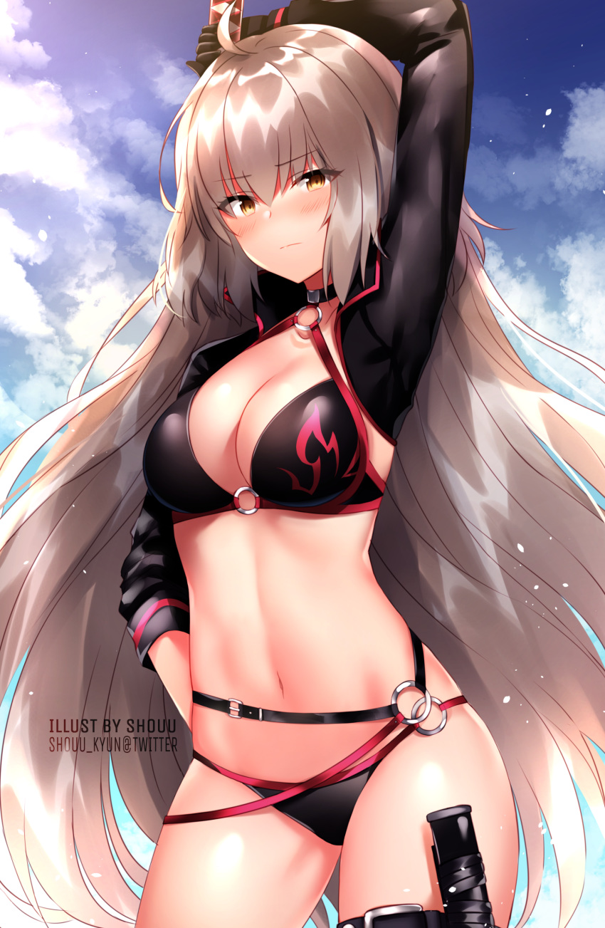 1girl absurdres ahoge arm_up bikini black_bikini black_gloves breasts brown_eyes choker cleavage cloud cowboy_shot fate/grand_order fate_(series) frown gloves grey_hair halterneck hand_on_hip highres holding jeanne_d'arc_(alter_swimsuit_berserker) jeanne_d'arc_(fate)_(all) large_breasts leg_belt long_hair long_sleeves looking_at_viewer navel shouu-kun shrug_(clothing) solo stomach swimsuit thighs very_long_hair