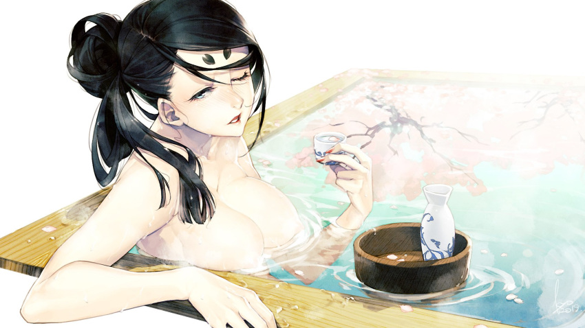 1girl alcohol black_hair blue_eyes blush breasts cherry_blossoms choko_(cup) cup dated eyelashes floating floating_object hair_bun highres hikimayu kyo_(kuroichigo) leaning lipstick long_hair looking_at_viewer looking_to_the_side makeup medium_breasts nail_polish nipples nude one_eye_closed onsen original parted_lips partially_submerged petals petals_on_liquid red_lips red_nails reflection sake signature solo steam tokkuri tree water wet white_background