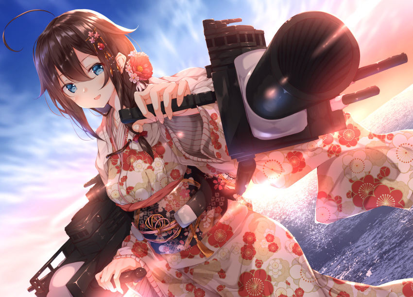 1girl ahoge alternate_costume bangs blue_eyes blush braid brown_hair cloud cloudy_sky commentary_request eyebrows_visible_through_hair floral_print flower hair_between_eyes hair_flaps hair_flower hair_ornament highres japanese_clothes kantai_collection kimono long_sleeves looking_at_viewer new_year numpopo obi ocean open_mouth pose remodel_(kantai_collection) rigging sash shigure_(kantai_collection) sidelocks single_braid sky solo wide_sleeves