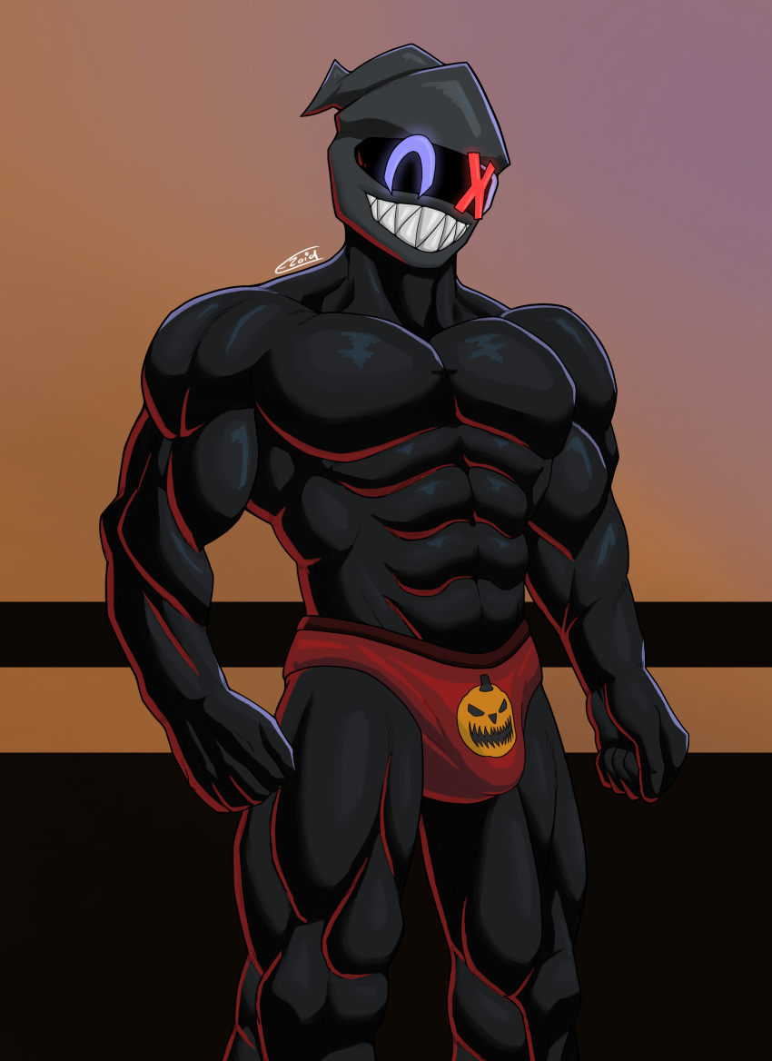 2019 absurd_res anthro armor black_body black_skin clothed clothing digital_media_(artwork) e-zoid grin hairless headgear helmet hi_res looking_at_viewer machine male muscular partially_clothed pinup portrait pose robot smile solo standing topless underwear wao_(e-zoid)