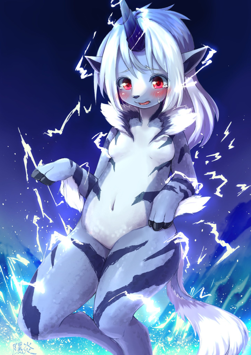 anthro blush breasts capcom elder_dragon electricity embarrassed featureless_breasts female hair hi_res hooves horn kemono kirin_(mh) monster_hunter nude open_mouth red_eyes shiitakemeshi small_breasts solo stripes video_games white_hair