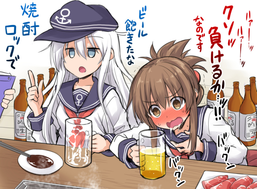 2girls alcohol beer beer_bottle beer_mug black_sailor_collar blue_eyes blush brown_eyes brown_hair chopsticks commentary_request drooling drunk eyebrows_visible_through_hair folded_ponytail food hair_between_eyes hibiki_(kantai_collection) inazuma_(kantai_collection) index_finger_raised kantai_collection kokutou_nikke long_hair long_sleeves meat multiple_girls neckerchief open_mouth red_neckwear sailor_collar school_uniform serafuku silver_hair translation_request