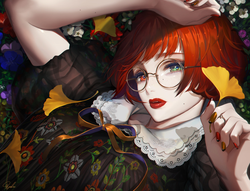 bicolored_eyes close flowers glasses leaves original red_hair tajima_yukie