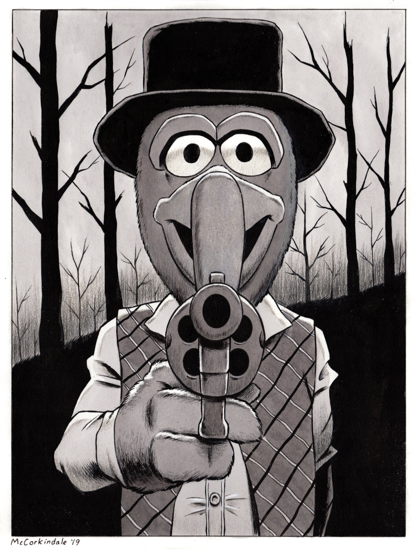 aiming_at_viewer big_nose border bruce_mccorkindale clothing crossover dead_man eyebrows gonzo_(muppets) gun handgun hat headgear headwear looking_at_viewer male monochrome muppet muppets parody ranged_weapon revolver shirt signature solo topwear tree unibrow vest weapon western white_border