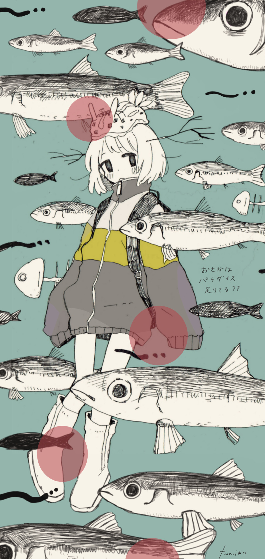 156m 1girl absurdres animal animal_on_head aqua_background black_eyes blush boots feet_together fish fish_skeleton full_body highres hood hoodie knee_boots limited_palette long_sleeves looking_at_viewer on_head original school_of_fish sea_slug signature simple_background sketch solid_eyes solo standing stick white_hair wide_sleeves