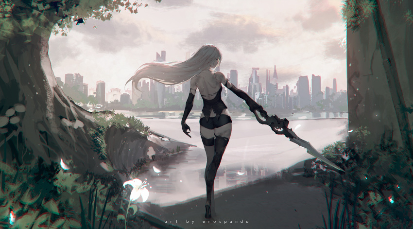 1girl android bare_shoulders black_footwear black_gloves black_legwear black_shorts blue_eyes boots breasts cityscape closed_mouth day dirty elbow_gloves erospanda floating_hair flower from_behind gloves grass half-closed_eyes high_heel_boots high_heels highres holding holding_weapon lake nier_(series) nier_automata no_blindfold outdoors petals profile robot_joints shorts shoulder_blades simple_background sketch sky solo standing strapless thigh_boots thighhighs thighhighs_under_boots torn_clothes tree weapon white_flower yorha_type_a_no._2