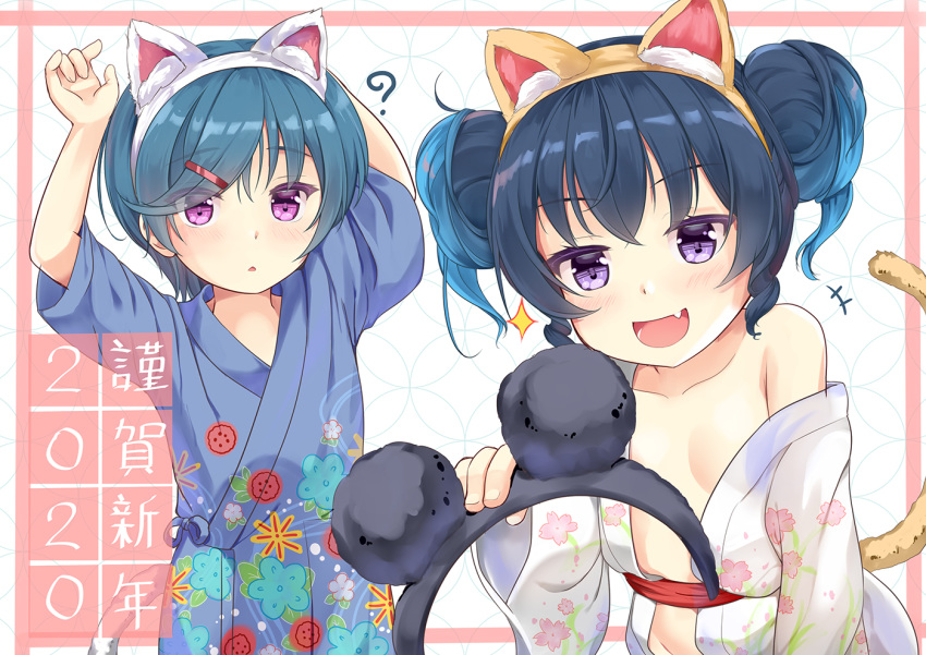 +++ 2020 2girls :d ? animal_ear_fluff animal_ears arms_up bangs blue_hair collarbone commentary_request double_bun eyebrows_visible_through_hair eyes_visible_through_hair fake_animal_ears fang floral_print gradient_hair hair_ornament hair_up hairband hairclip looking_at_viewer migumi_(niiya) minami_(niiya) multicolored_hair multiple_girls niiya off_shoulder open_clothes open_mouth original purple_eyes single_bare_shoulder smile swept_bangs tail