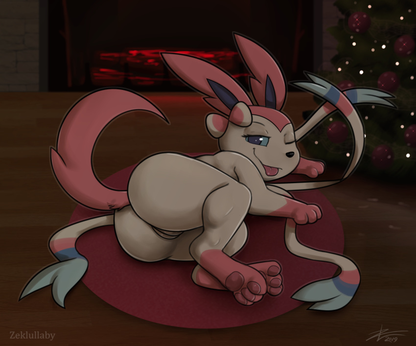 2019 3_toes black_nose blue_eyes bow butt christmas christmas_tree ears_up eeveelution female feral fluffy fluffy_ears fluffy_tail fur holidays leg_markings looking_at_viewer markings nintendo one_eye_closed pawpads pink_ears pink_pawpads pink_tail pok&eacute;mon pok&eacute;mon_(species) presenting presenting_hindquarters pussy raised_tail rear_view ribbons rubbing snout socks_(marking) solo sylveon teasing toes tongue tongue_out tree video_games white_body white_fur zekromlover