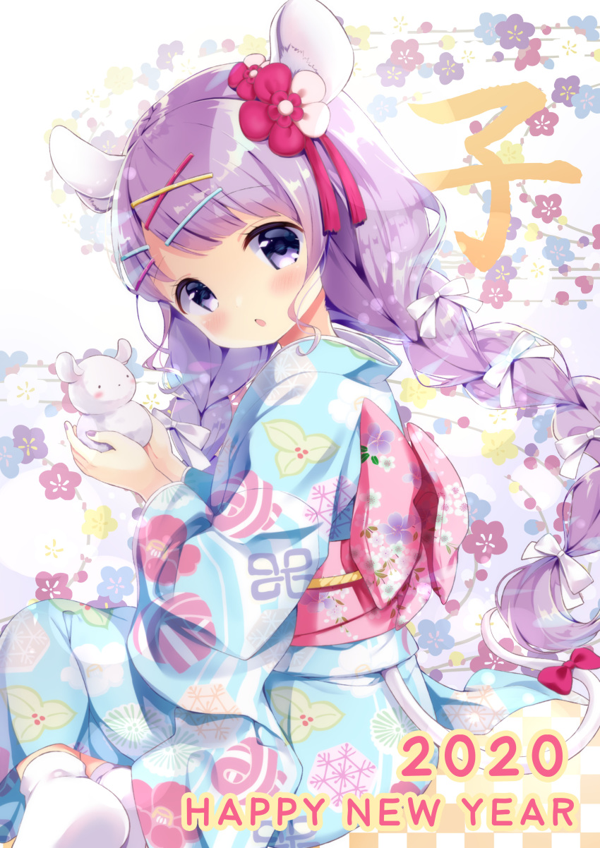 1girl 2020 absurdres animal_ears bangs blue_kimono blush bow braid chinese_zodiac commentary_request eyebrows_visible_through_hair floral_background floral_print flower hair_bow hair_flower hair_ornament hairclip happy_new_year highres holding japanese_clothes kimono long_hair long_sleeves looking_at_viewer looking_to_the_side low_twintails mouse_ears mouse_girl mouse_tail nail_polish neki_(wakiko) new_year obi original parted_lips print_kimono purple_eyes purple_hair purple_nails red_bow red_flower sash sitting socks soles solo tail tail_bow twin_braids twintails very_long_hair white_bow white_legwear wide_sleeves x_hair_ornament year_of_the_rat yokozuwari
