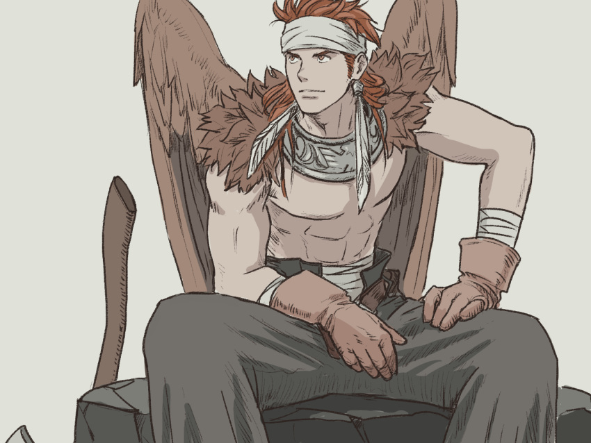 1boy abs black_pants brown_gloves brown_wings canopus_wolph earrings feather_earrings feathered_wings gloves headband jewelry long_hair male_focus pants red_hair sitting solo tactics_ogre weapon windcaller wings