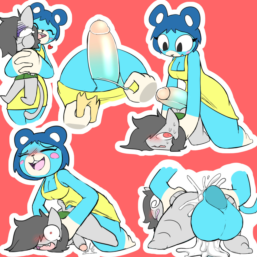2019 anal anal_penetration animal_crossing anthro anthro_on_anthro balls big_balls big_penis blue_body blue_fur blue_hair bluebear_(animal_crossing) bodily_fluids breasts broken_condom clothed clothing comic condom cum cum_in_ass cum_inside cum_while_penetrated duo erection felid feline fur genital_fluids gynomorph gynomorph/male gynomorph_penetrating gynomorph_penetrating_male hair huge_balls huge_penis humanoid_penis intersex intersex/male intersex_penetrating intersex_penetrating_male larger_gynomorph larger_intersex male male_penetrated mammal neko3240 nintendo open_mouth penetration penis sex simple_background size_difference ursid video_games