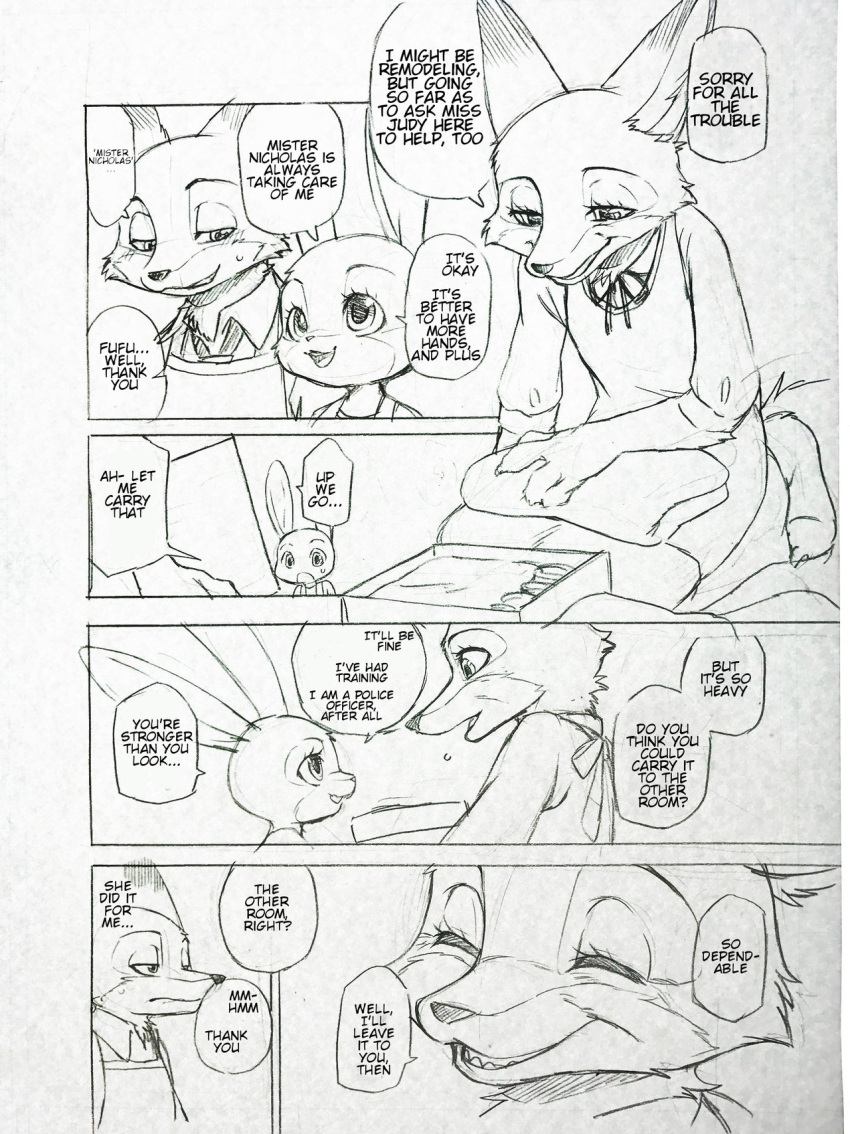 ... anthro apron bodily_fluids canid canine clothed clothing comic dialogue disney dogear218 edit english_text eyes_closed fox fully_clothed fur group hard_translated judy_hopps lagomorph leporid mammal mrs._wilde nick_wilde open_mouth open_smile rabbit red_fox smile speech_bubble sweat sweatdrop text translated zootopia