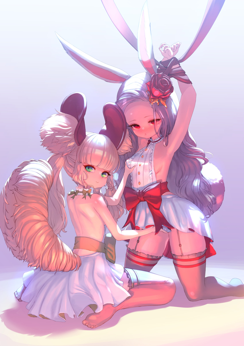 2girls absurdres animal_ear_fluff animal_ears armpits arms_up back backless_dress backless_outfit bare_back blade_&amp;_soul blush bound bound_wrists breast_grab breasts brown_legwear bunny_ears bunny_tail commission dress dress_lift fingering flower forehead garter_straps grabbing green_eyes hair_flower hair_ornament highres kneeling lifted_by_another long_hair looking_at_viewer lyn_(blade_&amp;_soul) makemake multiple_girls naughty_face panties red_eyes short_dress sideboob silver_hair sitting skirt sleeveless sleeveless_dress small_breasts smile squirrel_ears squirrel_tail tail thighhighs thighs topless twintails underwear white_hair white_panties white_skirt yuri
