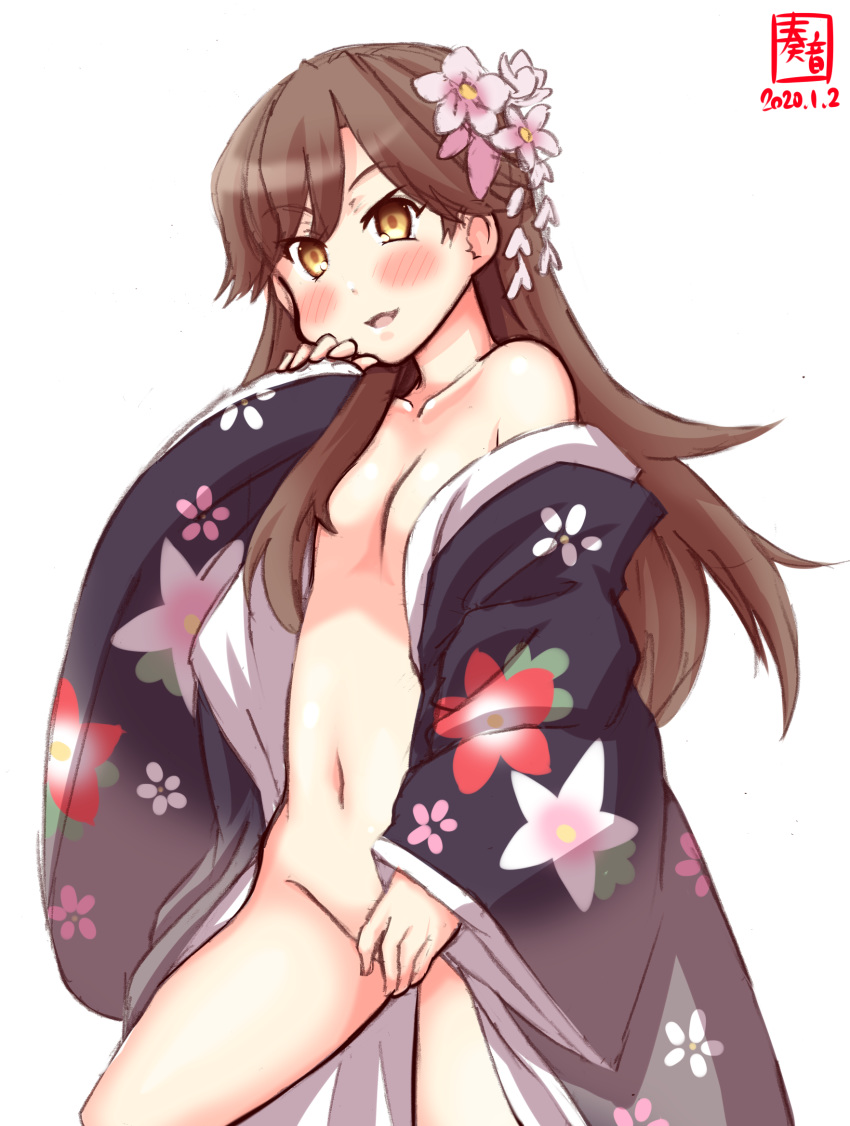 1girl alternate_costume arashio_(kantai_collection) artist_logo black_kimono breasts brown_eyes brown_hair commentary_request convenient_censoring cowboy_shot dated flower hair_flower hair_ornament highres japanese_clothes kanon_(kurogane_knights) kantai_collection kimono long_hair naked_kimono navel simple_background small_breasts solo standing white_background