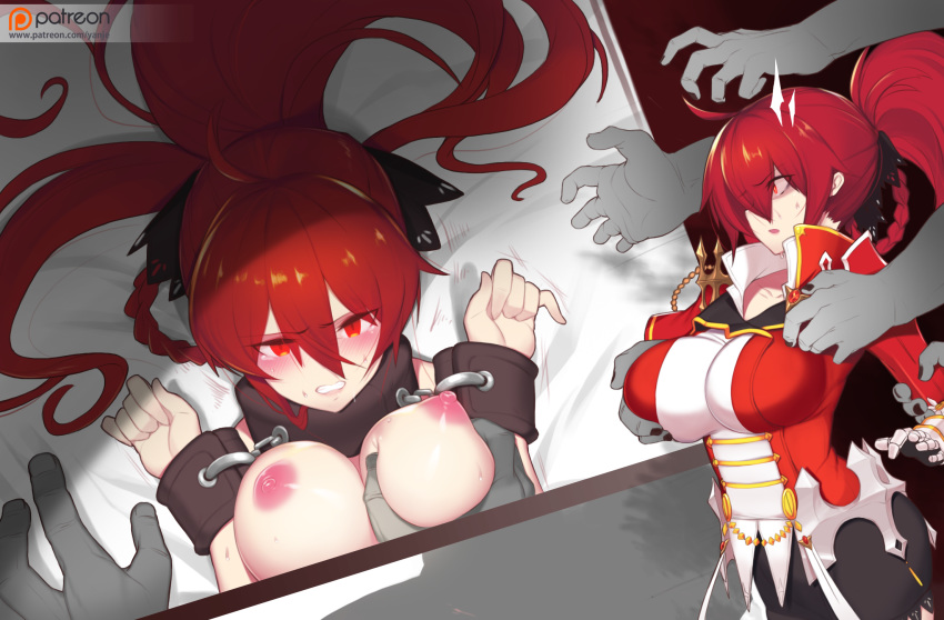 arm_grab braid breast_grab breasts chained_wrists clenched_teeth collar elesis_(elsword) elsword empire_sword_(elsword) eyebrows_visible_through_hair gauntlets grabbing highres ponytail red_eyes red_hair restrained surprised sweat tears teeth yanje