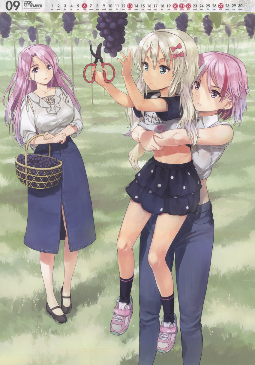 3girls absurdres basket blonde_hair blue_eyes bow calendar_(medium) denim denim_skirt earrings food fruit giuseppe_garibaldi_(kantai_collection) grapes grass grecale_(kantai_collection) hair_bow highres image_sample jeans jewelry jiji kantai_collection lifting_person long_hair luigi_di_savoia_duca_degli_abruzzi_(kantai_collection) multiple_girls official_art open_mouth pants pink_bow pink_eyes pink_hair polka_dot_skirt shears shirt shoes short_hair skirt smile sneakers socks white_shirt yandere_sample