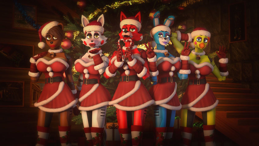 3d_(artwork) 5_fingers animatronic avian bell belt big_breasts bird blow_kiss blue_eyes breasts candy candy_cane canid canine chicken choker christmas christmas_present christmas_tree clothing crossgender digital_media_(artwork) eyebrows eyelashes female fingers five_nights_at_freddy's five_nights_at_freddy's_2 food fox galliform gallus_(genus) gloves gold97fox green_eyes hair handwear hat headgear headwear hi_res holidays humanoid_hands jewelry lagomorph legwear leporid licking machine mammal mangle_(fnaf) necklace non-mammal_breasts phasianid picture_frame plantigrade rabbit robot santa_hat stockings tinsel tongue tongue_out toy_bonnie_(fnaf) toy_chica_(fnaf) toy_freddy_(fnaf) tree ursid video_games yellow_eyes