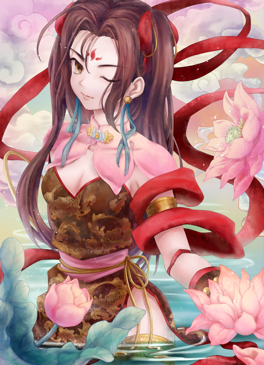 1girl alternate_costume antatika bell_earrings breasts brown_eyes brown_hair earrings facial_mark fate/grand_order fate_(series) flower forehead_mark highres jewelry lotus nezha_(fate/grand_order) one_eye_closed small_breasts thighlet twintails wading water