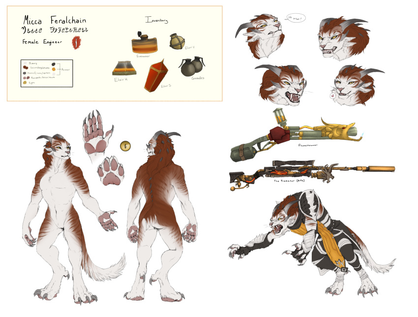 &lt;3 anthro armor barely_visible_genitalia barely_visible_pussy black_lips brown_body brown_fur brown_stripes charr dagos dialogue digitigrade explosives fangs felid female flamethrower fur grenade guild_wars gun hi_res hindpaw horn lips mammal mane micca_(character) model_sheet mully_clothed multi_ear multiple_poses narrowed_eyes navel nude open_mouth pawpads paws pink_nose pink_pawpads pose pussy ranged_weapon rifle slit_pupils snarling solo spines standing striped_body striped_fur stripes video_games weapon whiskers white_body white_fur yellow_eyes