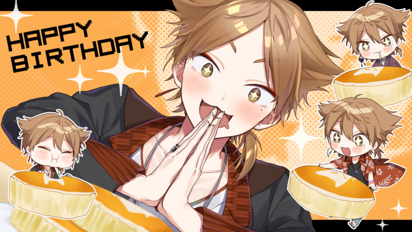 +_+ 1boy :3 :d :i bangs black_jacket black_shirt blue_pants blush brown_eyes brown_hair chibi closed_eyes closed_mouth drooling eating eyebrows_visible_through_hair fingernails floral_print food fushimi_gaku hair_between_eyes hands_together happy_birthday jacket jewelry loafers long_sleeves magatama_necklace male_focus mouth_drool multiple_views nijisanji open_clothes open_jacket open_mouth own_hands_together palms_together pants parted_bangs print_jacket red_jacket ring saliva shirt shoes smile sparkle v-shaped_eyebrows virtual_youtuber white_footwear white_shirt yamabukiiro