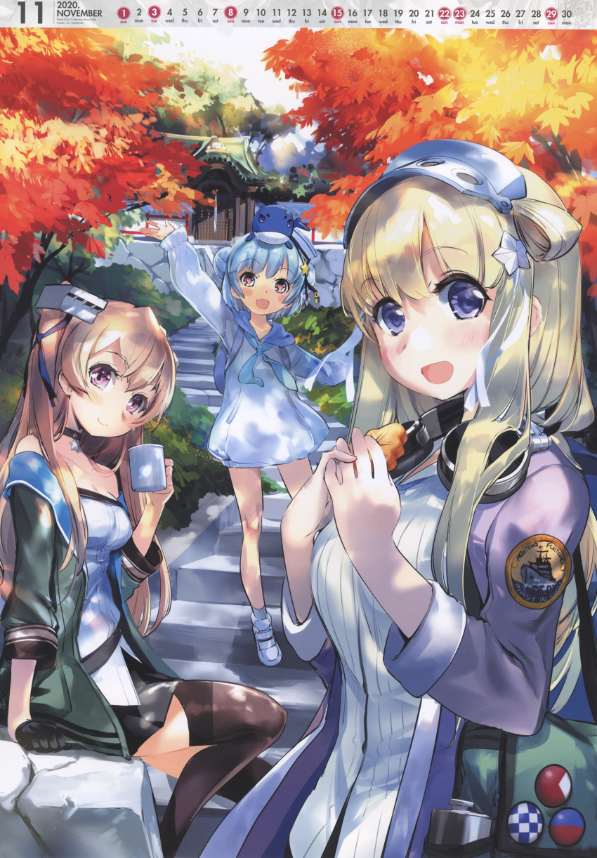 1other 3girls absurdres adapted_costume alternate_costume autumn_leaves backpack badge bag bare_shoulders black_gloves black_ribbon blazer blonde_hair blue_eyes blue_hair blue_neckwear breasts brown_eyes brown_hair calendar_(medium) choker cowboy_shot cup dappled_sunlight dixie_cup_hat double_bun dress fletcher_(kantai_collection) full_body gloves grey_dress grey_jacket hair_ornament hairband hands_together hat hat_ribbon headphones headphones_around_neck highres hood hooded_dress hoodie image_sample jacket johnston_(kantai_collection) kantai_collection light_brown_hair little_blue_whale_(kantai_collection) long_hair long_sleeves looking_at_viewer medium_breasts military_hat multiple_girls neckerchief official_art open_mouth outdoors pink_jacket remodel_(kantai_collection) ribbon samuel_b._roberts_(kantai_collection) short_hair shoulder_bag sitting stairs star star_hair_ornament sunlight thighhighs tree two_side_up upper_body whale yandere_sample yellow_eyes zeco