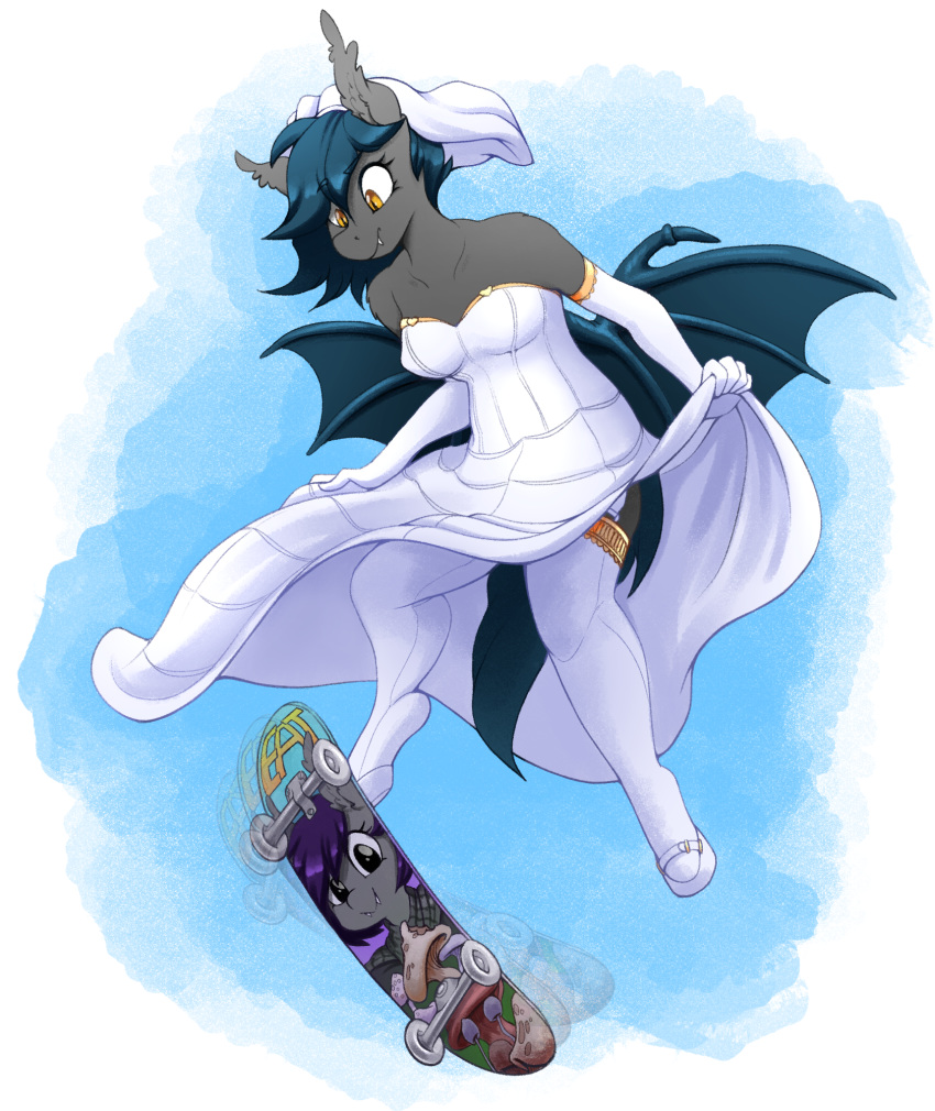 &lt;3 2019 amber_eyes armwear bat_pony bat_wings clothing dress elbow_gloves equid fan_character fangs female gloves handwear legwear mammal membrane_(anatomy) membranous_wings my_little_pony nolegs_(oc) replica_(artist) skateboard slit_pupils speck stockings veil wedding_dress wings