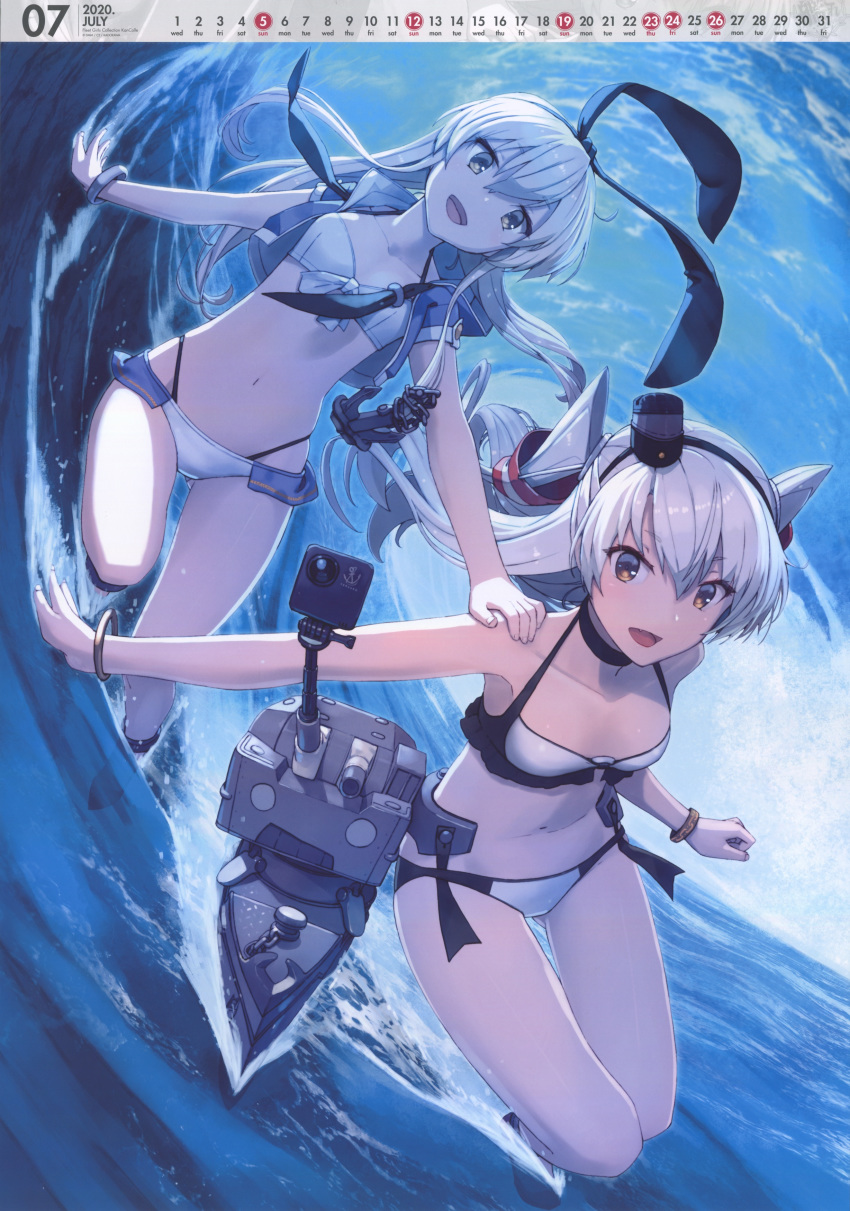 2girls :d absurdres amatsukaze_(kantai_collection) anchor_hair_ornament bikini black_hairband blonde_hair bracelet breasts brown_eyes calendar_(medium) camera eyebrows_visible_through_hair hair_between_eyes hair_ornament hairband hand_on_another's_shoulder highres image_sample jewelry kantai_collection long_hair multiple_girls navel ocean official_art open_mouth outdoors rensouhou-kun shimakaze_(kantai_collection) shizuma_yoshinori silver_hair small_breasts smile swimsuit two_side_up waves yandere_sample