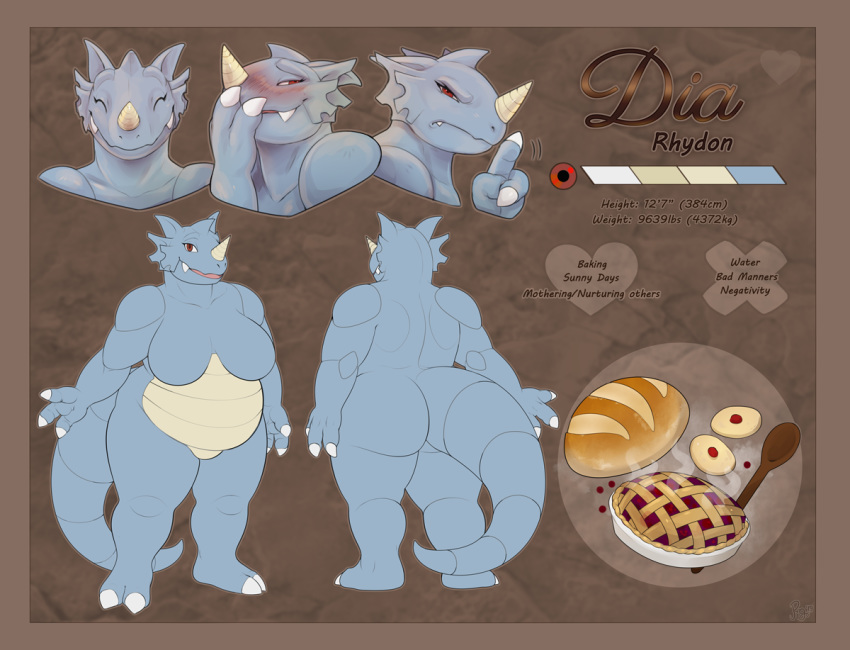 2019 angry anthro anthrofied big_breasts big_butt blush bread breasts butt claws curvy_figure eyes_closed featureless_breasts featureless_crotch female food half-closed_eyes horn laugh mature_female model_sheet narrowed_eyes nintendo nude pie pig_(artist) pok&eacute;mon pok&eacute;mon_(species) red_eyes rhydon slightly_chubby smile solo thick_thighs video_games voluptuous wide_hips