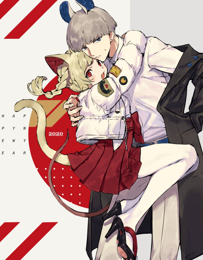 1boy 1girl 2020 :d animal_ears animal_footprint blonde_hair blue_eyes blush braid cat_ears cat_tail cheese chinese_zodiac coat commentary_request earrings food frown full_body grey_hair grey_pants hand_on_another's_neck hanging hanging_on_another happy_new_year heart high_heels highres hug jacket jewelry legs_together miniskirt mouse_ears mouse_tail multicolored multicolored_background namakawa new_year open_mouth original pants pantyhose patch pleated_skirt polka_dot red_background red_eyes shirt skirt smile standing sweatdrop tail white_background white_legwear year_of_the_rat