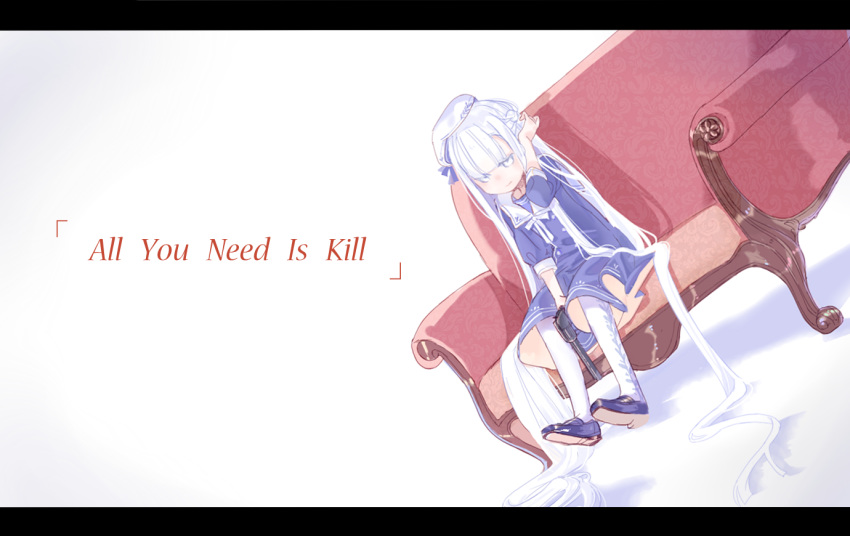 1girl all_you_need_is_kill bangs blue_dress blue_footwear blunt_bangs copyright_name couch dress dutch_angle gun long_hair simple_background sitting solo stoolpower very_long_hair weapon white_background white_eyes white_hair white_headwear white_legwear
