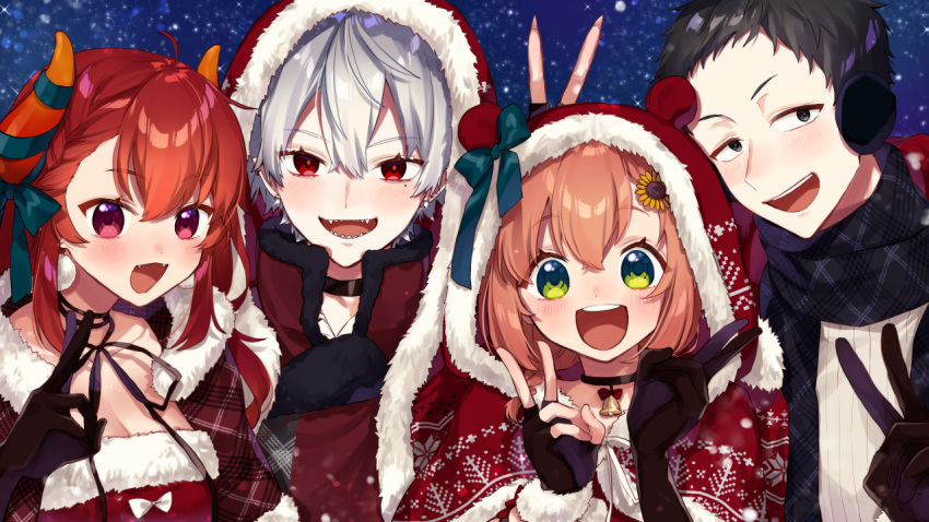 2boys 2girls :d animal_ears animal_hood bangs bell bell_choker black_choker black_eyes black_gloves black_hair black_scarf blue_bow blue_ribbon blush bow breasts brown_hair bunny_ears_prank capelet choker cleavage curled_horns demon_horns dola_(nijisanji) dress earmuffs eyebrows_visible_through_hair fake_animal_ears fingerless_gloves fingernails flower fur-trimmed_capelet fur-trimmed_dress fur-trimmed_hood fur_trim gloves hair_between_eyes hair_flower hair_ornament hand_up hands_up honma_himawari hood hood_up hooded_capelet horn_ribbon horns jacket kuzuha_(nijisanji) medium_breasts mismatched_gloves multiple_boys multiple_girls nijisanji official_art open_mouth plaid plaid_capelet plaid_scarf red_capelet red_dress red_eyes red_hair red_jacket ribbed_sweater ribbon round_teeth scarf sharp_fingernails sharp_teeth silver_hair smile strapless strapless_dress sunflower sunflower_hair_ornament sweater teeth upper_body upper_teeth virtual_youtuber white_sweater yamabukiiro yashiro_kizuku yellow_flower