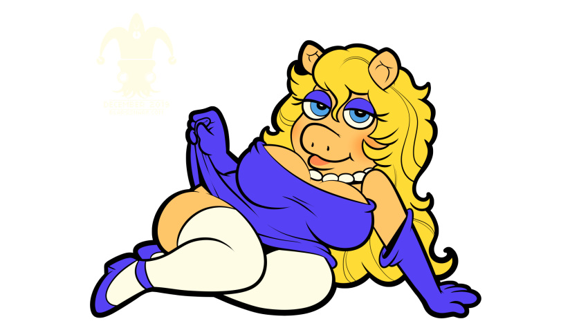 bedroom_eyes big_breasts blargsnarf blonde_hair blush breasts clothing domestic_pig dress eyeshadow female hair legwear makeup mammal miss_piggy muppets narrowed_eyes seductive stockings suid suina sus_(pig)