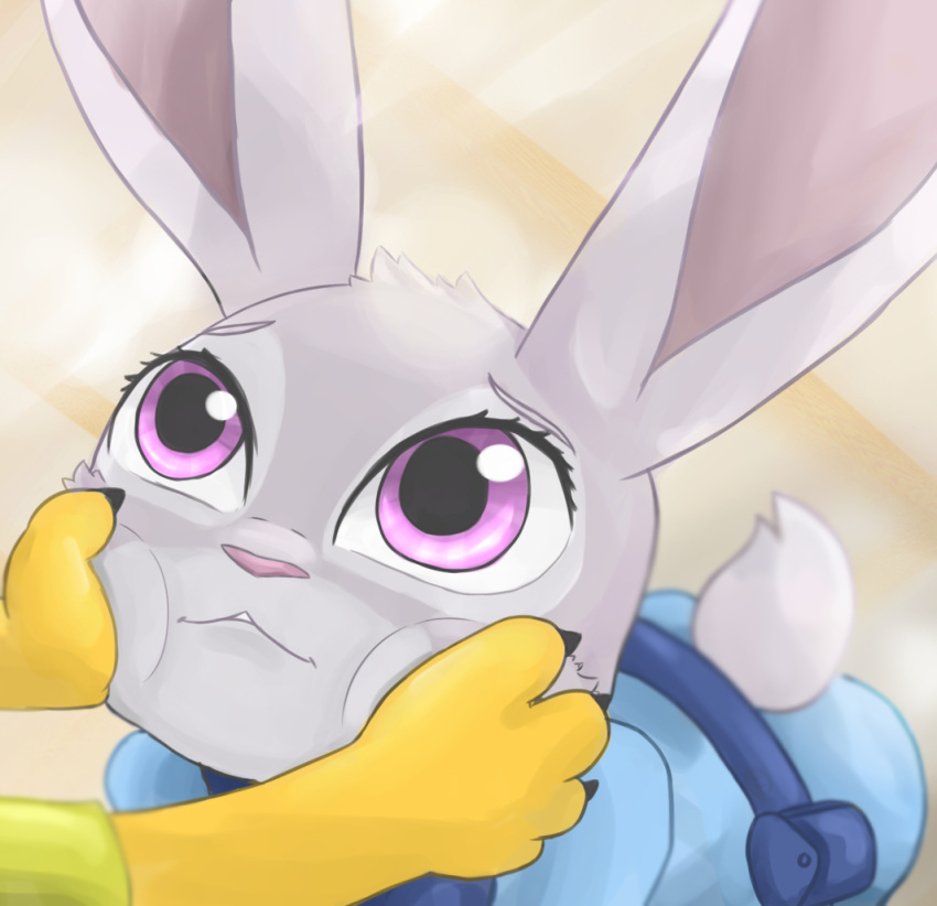 2016 4_fingers anthro blue_clothing claws clothed clothing digital_media_(artwork) disembodied_hand disney duo eyebrows eyelashes female fingers fur glistening glistening_eyes green_clothing grey_body grey_fur hand_on_cheek hands_on_cheeks judy_hopps lagomorph leporid long_ears mammal orange_background pink_nose purple_eyes purple_sclera rabbit scut_tail simple_background unknownlifeform yellow_body zootopia