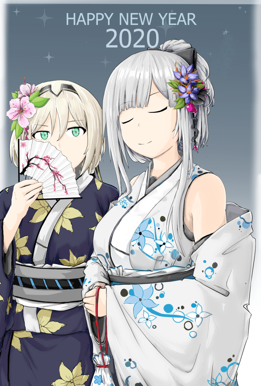 2020 2girls ak-12_(girls_frontline) alternate_costume an-94_(girls_frontline) artist_request black_kimono blonde_hair blue_eyes closed_eyes detached_sleeves english_text eyebrows_visible_through_hair fan fireworks floral_print flower girls_frontline hair_flower hair_ornament highres japanese_clothes kimono multiple_girls new_year obi sash silver_hair sleeveless sleeveless_kimono smile white_kimono