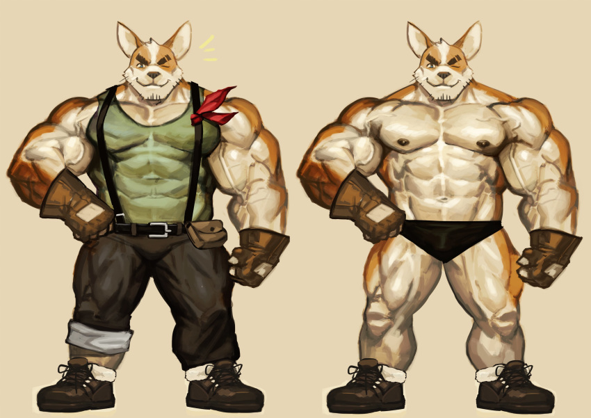 2019 abs anthro beard biceps big_muscles black_nipples black_nose blue_eyes bottomwear brown_body brown_fur canid canine canis clothed clothing domestic_dog eyebrows facial_hair fingerless_gloves footwear fur gloves hand_on_hip handwear herding_dog huge_muscles looking_at_viewer male mammal multicolored_body multicolored_fur multiple_versions muscular muscular_male nipples one_eye_closed pants pastoral_dog pecs quads shirt shoes simple_background solo standing suspenders tank_top thick_eyebrows tight_clothing topless topwear traver009 triceps two_tone_body two_tone_fur underwear veiny_muscles welsh_corgi white_body white_fur wink