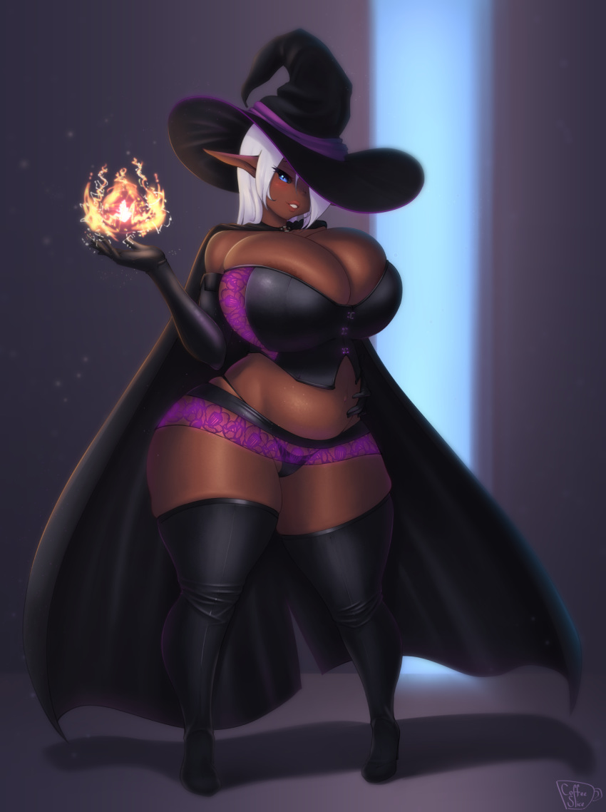 areola areola_slip big_breasts blue_eyes breasts brown_areola cape cleavage clothed clothing coffeeslice curvy_figure dark_skin elf female hair hair_over_eye hi_res huge_breasts humanoid legwear magic mammal not_furry one_eye_obstructed panties pregnant solo thick_thighs thigh_highs underwear voluptuous white_hair wide_hips