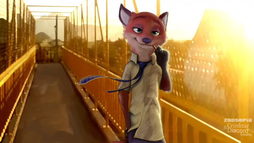 2017 anthro blurred_background bottomwear canid canine clothed clothing detailed_background diacordst disney fox fully_clothed fur green_eyes hand_in_pocket light lighting mammal necktie nick_wilde outside pants pockets red_body red_fox red_fur shirt smile solo sunlight topwear zootopia