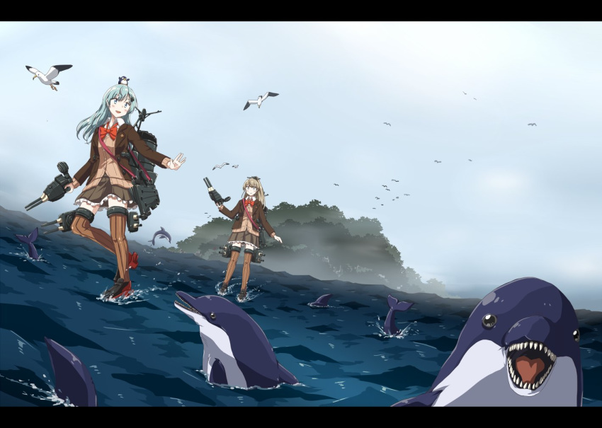 2girls 6+others any_(lucky_denver_mint) aqua_eyes aqua_hair ascot bird blazer blue_eyes blue_sky brown_hair brown_jacket brown_legwear brown_skirt cloud commentary_request day dolphin dutch_angle frilled_skirt frills full_body hair_ornament hairclip jacket kantai_collection kumano_(kantai_collection) long_hair looking_at_viewer machinery multiple_girls multiple_others orange_cardigan outdoors pleated_skirt ponytail remodel_(kantai_collection) school_uniform seagull skirt sky standing standing_on_liquid suzuya_(kantai_collection) thighhighs vest water