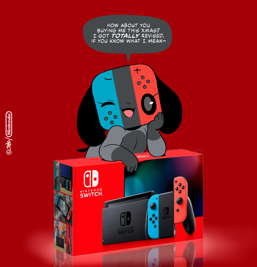 2019 4_fingers ambiguous_gender animate_inanimate anthro canid dialogue digital_media_(artwork) english_text fingers hi_res joaoppereiraus mammal nintendo nintendo_switch one_eye_closed open_mouth open_smile red_background short_stack simple_background smile solo speech_bubble switch_dog talking_to_viewer text video_games wink