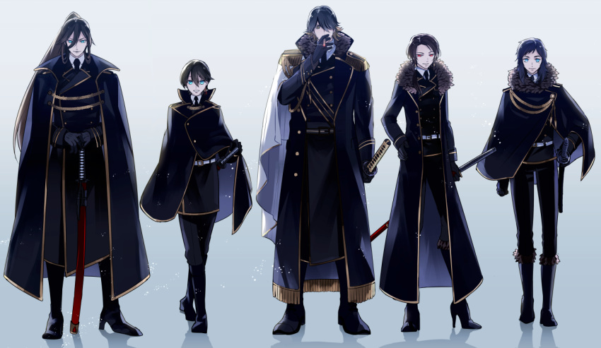 5boys aiguillette aqua_eyes bangs belt between_fingers black_cape black_cloak black_coat black_footwear black_gloves black_hair black_neckwear black_pants blonde_hair blue_eyes boots cape cigar clenched_hand cloak closed_mouth coat crossed_legs double-breasted epaulettes fringe_trim fur_trim gloves glowing glowing_eyes hair_between_eyes hair_over_one_eye hand_on_hip hands_on_hilt high_heel_boots high_heels hiki_yuichi holding holding_cigar holding_sword holding_weapon horikawa_kunihiro izumi-no-kami_kanesada kashuu_kiyomitsu katana legs_apart light_particles lineup looking_at_viewer male_focus mole mole_under_eye multicolored_hair multiple_boys nagasone_kotetsu necktie one_eye_covered open_clothes open_coat pants parted_lips planted_sword planted_weapon ponytail red_eyes shoes simple_background smile smoke smoking standing swept_bangs sword touken_ranbu two-tone_hair weapon white_cape yamato-no-kami_yasusada