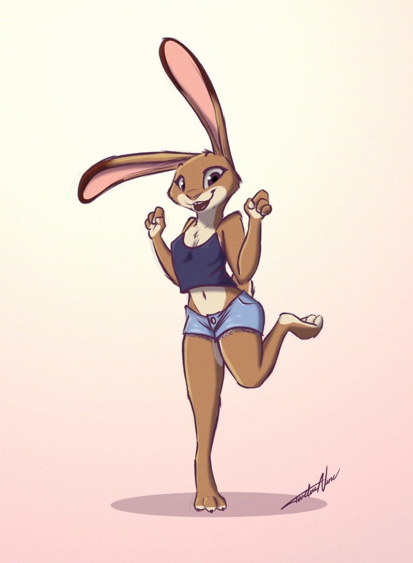 12-9 2019 anthro barefoot bottomwear breasts brown_body brown_fur clothed clothing countershade_torso countershading crop_top dipstick_ears female fur hotpants lagomorph leporid looking_at_viewer mammal midriff multicolored_ears navel open_mouth open_smile rabbit shirt shorts simple_background smile solo tan_body tan_fur topwear