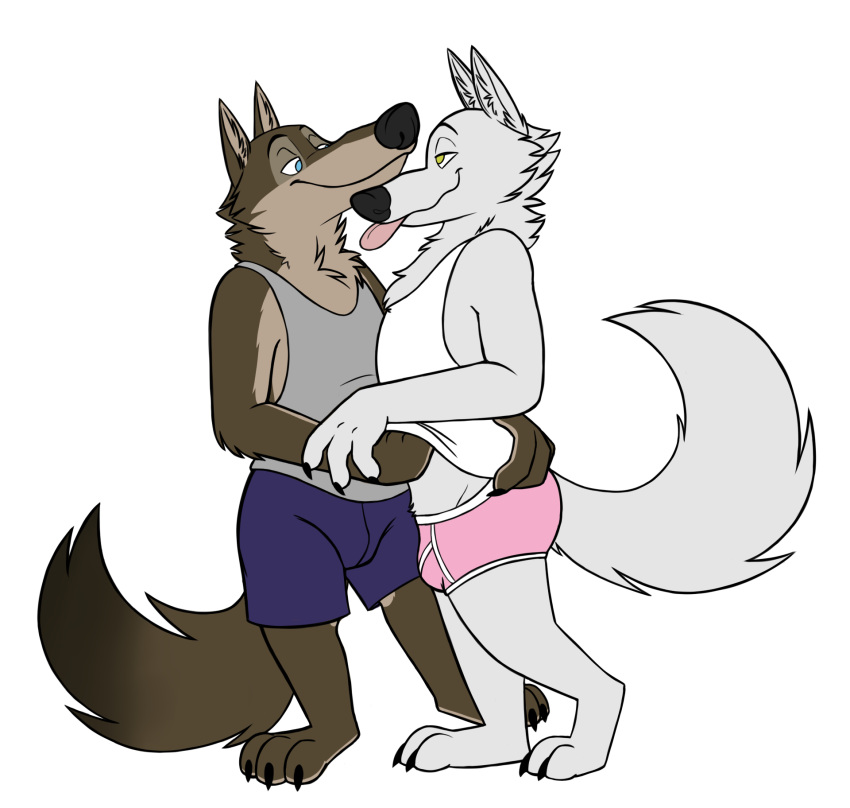 2020 anthro anthro_on_anthro barefoot black_nose boxers_(clothing) briefs brown_body brown_fur canid canine canis cheek_tuft chest_tuft claws clothed clothing colored disney duo facial_tuft fur gary_(zootopia) larry_(zootopia) male male/male mammal neck_tuft shirt simple_background skunkbutt_(artist) standing tank_top toe_claws tongue tongue_out topwear tuft underwear white_background white_body white_fur wolf zootopia