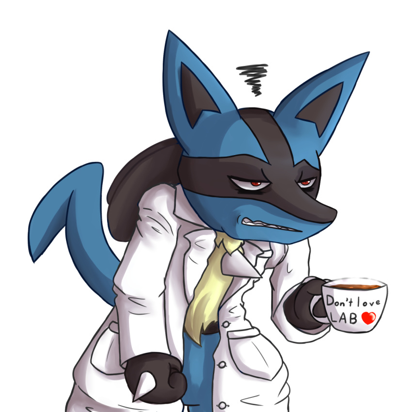 &lt;3 1:1 2017 alpha_channel ambiguous_gender anthro beverage black_body black_fur blue_body blue_fur canid canine clothed clothing coat coffee cup digital_media_(artwork) english_text fan_character fur half-closed_eyes half-length_portrait hi_res holding_cup holding_object lab_coat lucario mammal narrowed_eyes nintendo partially_clothed pok&eacute;mon pok&eacute;mon_(species) portrait red_eyes simple_background solo spikes teeth text topwear transparent_background unknownlifeform video_games yellow_body yellow_fur