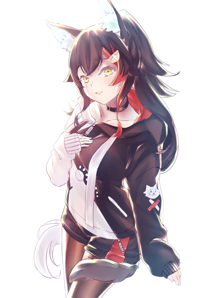 1girl :d animal_ears hand_on_own_chest highres hololive hood hood_down hoodie long_hair long_sleeves looking_at_viewer multicolored_hair ookami_mio open_mouth pantyhose red_hair short_shorts shorts sleeves_past_wrists smile streaked_hair tail virtual_youtuber white_hair wolf_ears wolf_tail yellow_eyes yonago_miko