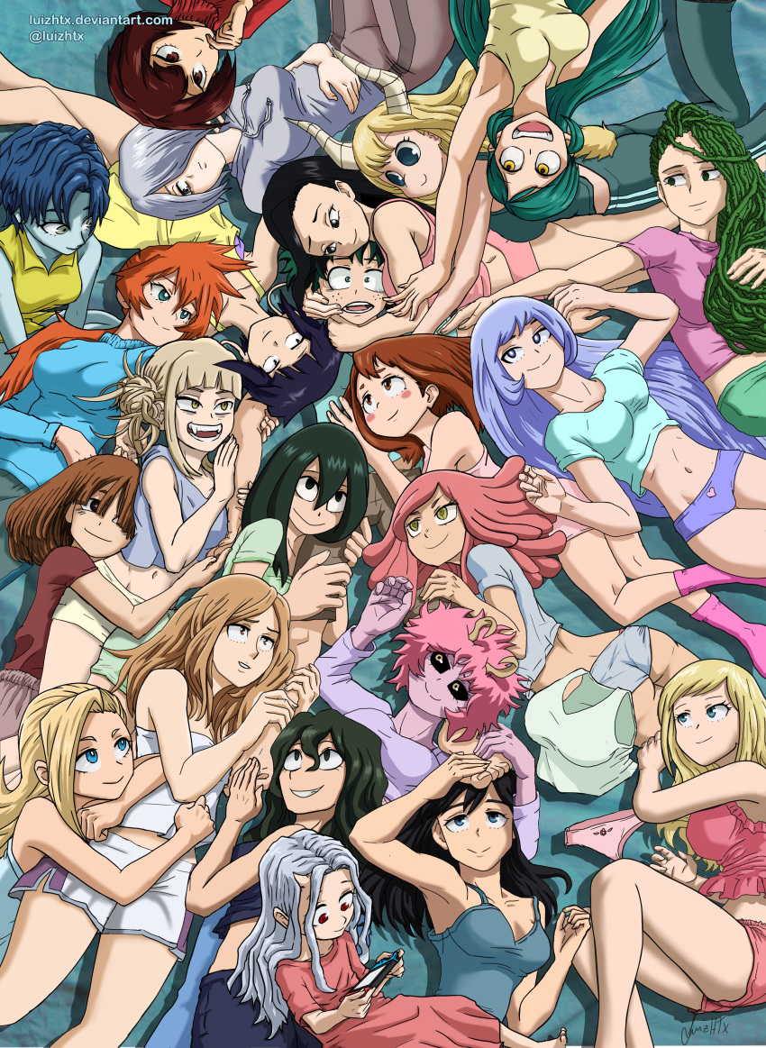 1boy 6+girls absurdres ashido_mina asui_tsuyu awata_kaoru barefoot black_eyes black_hair black_sclera blonde_hair blue_eyes blue_hair boku_no_hero_academia bow bow_panties brown_eyes brown_hair bubble_girl eri_(boku_no_hero_academia) green_eyes green_hair hadou_nejire hagakure_tooru harem hatsume_mei highres horns jirou_kyouka kendou_itsuka kodai_yui komori_kinoko luizhtx melissa_shield midoriya_izuku multiple_girls no_bra orange_hair pajamas panties panty_peek pink_hair pink_panties pixie_bob_(boki_no_hero_academia) ragdoll_(boki_no_hero_academia) shiozaki_ibara shiretoko_tomoko silver_eyes silver_hair sleepwear sousaki_shino toga_himiko tokage_setsuna tsuchikawa_ryuuko tsunotori_pony underwear uraraka_ochako utsushimi_kemii yanagi_reiko yaoyorozu_momo yellow_eyes