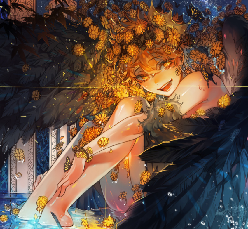 1boy animal animal_on_hand bangs bare_arms bare_legs bare_shoulders barefoot bioluminescence black_wings bug butterfly butterfly_on_hand crown eyebrows_visible_through_hair feathered_wings feathers flower glowing haikyuu!! hair_flower hair_ornament hand_on_leg hayanse highres hinata_shouyou insect looking_at_viewer male_focus nude open_mouth orange_eyes orange_hair partially_submerged short_hair sitting solo teeth water wings yellow_flower