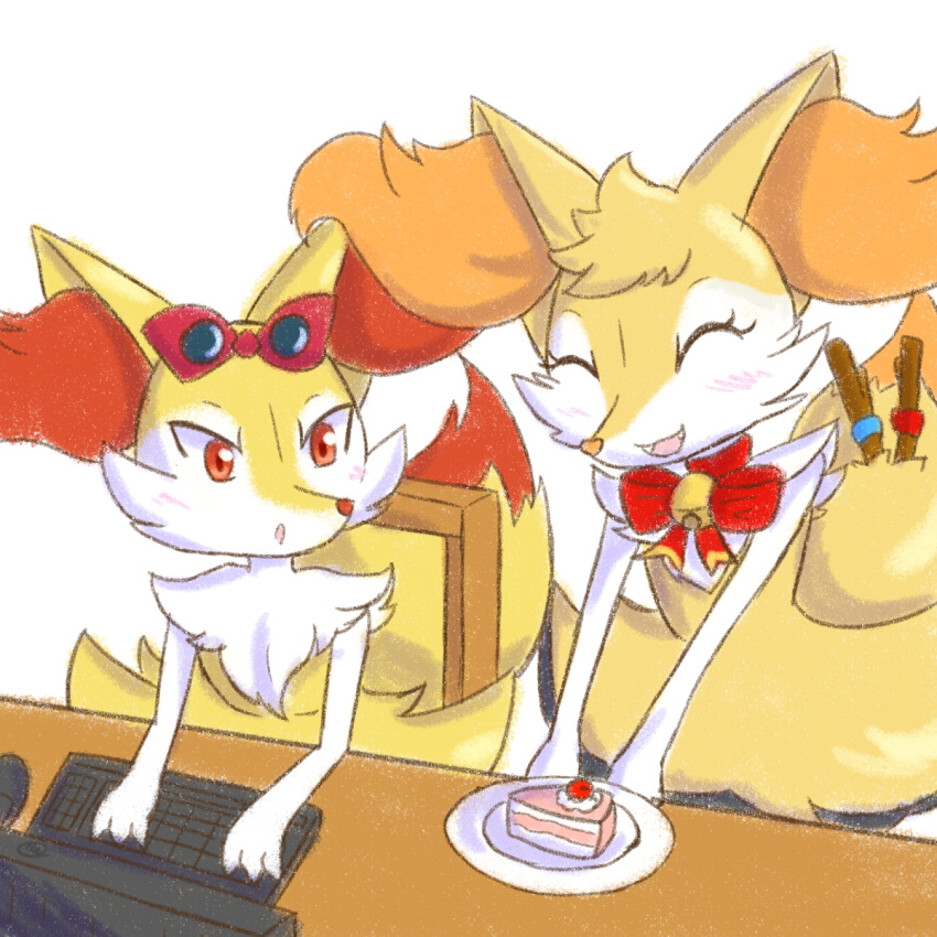 &lt;3 1:1 2018 3_fingers ambiguous_gender anthro bell black_body black_fur blush braixen cake canid canine chair computer computer_mouse cute_fangs dessert digital_media_(artwork) dipstick_tail duo eyebrows eyelashes eyes_closed eyewear eyewear_on_head fan_character fangs female fingers food fortuna_(unknownlifeform) fur furniture glasses glasses_on_head glistening glistening_eyes happy heart_nose hi_res inner_ear_fluff jingle_bell karin_(katsurokurosaki) keyboard mammal multicolored_tail neck_bow nintendo open_mouth orange_body orange_fur orange_nose plate pok&eacute;mon pok&eacute;mon_(species) red_eyes signature simple_background sitting standing stick sunglasses sunglasses_on_head table tuft unknownlifeform video_games white_background white_body white_fur yellow_body yellow_fur