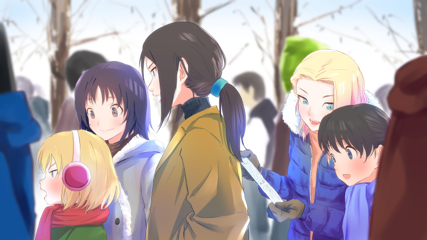 5girls alina_(girls_und_panzer) alternate_hairstyle bangs black_hair blonde_hair blue_coat blue_eyes blue_scarf blue_scrunchie blurry blurry_background blurry_foreground blush brown_coat brown_eyes brown_gloves brown_hair casual clara_(girls_und_panzer) closed_mouth coat commentary day depth_of_field earmuffs from_side frown girls_und_panzer gloves green_coat grey_coat hair_ornament hair_scrunchie hair_up hatsumoude highres holding katyusha_(girls_und_panzer) long_hair looking_at_another multiple_girls nina_(girls_und_panzer) nonna_(girls_und_panzer) open_clothes open_coat open_mouth outdoors oze_(xyz_go_go11) ponytail red_scarf scarf scrunchie short_hair smile standing tree winter_clothes